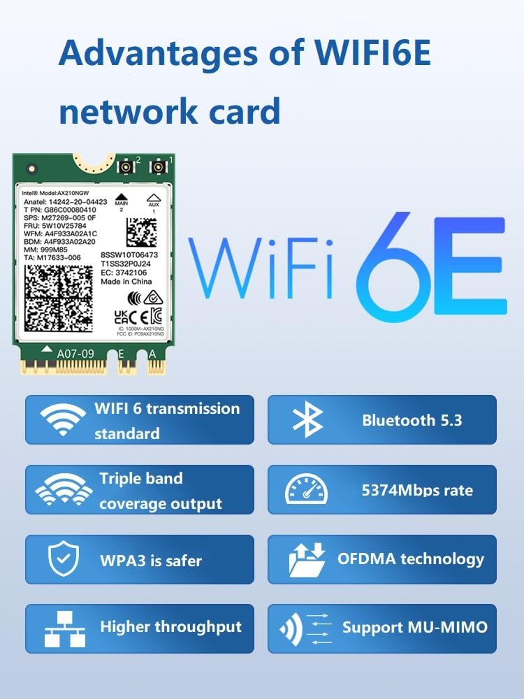 CORN WiFi 6E AX210 NGW Wireless Card, Expand to Tri-Band 6GHz/5GHz/2.4GHz M.2 NGFF Wireless Bluetooth 5.3, AX210 WiFi Chip, Includes Ipex Cable, 8dBi Antennas and Brackets Support Windows 10/11(64 bit) - Image 5